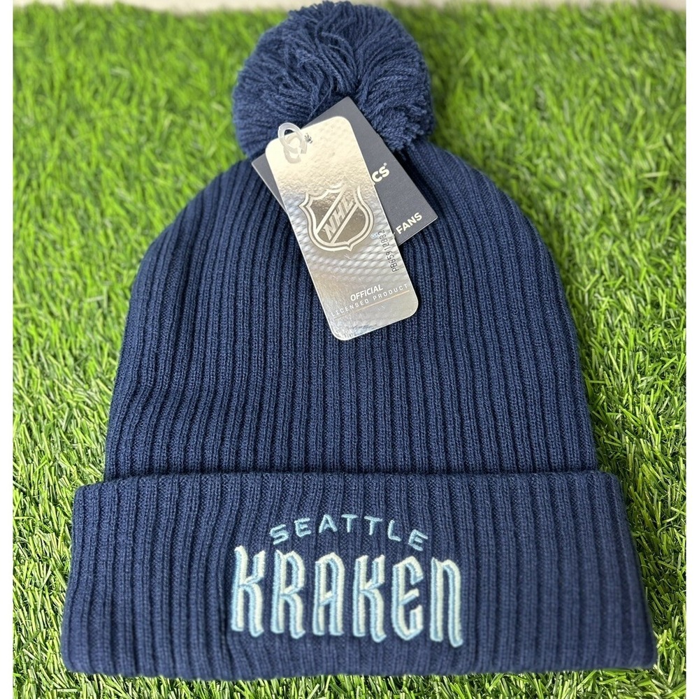 Seattle Kraken Cuffed Knit Winter Beanie Hat Cap Pom Navy Blue New NHL Hockey
